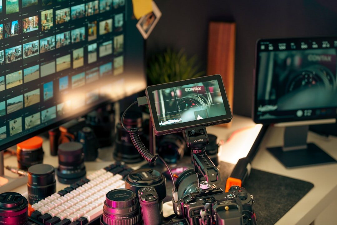 Video editing workstation with multiple monitors showing news footage
