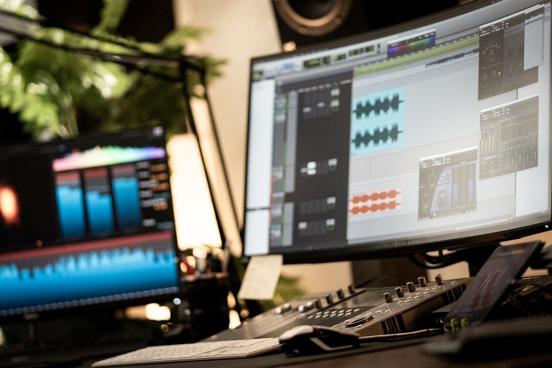 Professional broadcast studio control room with monitors